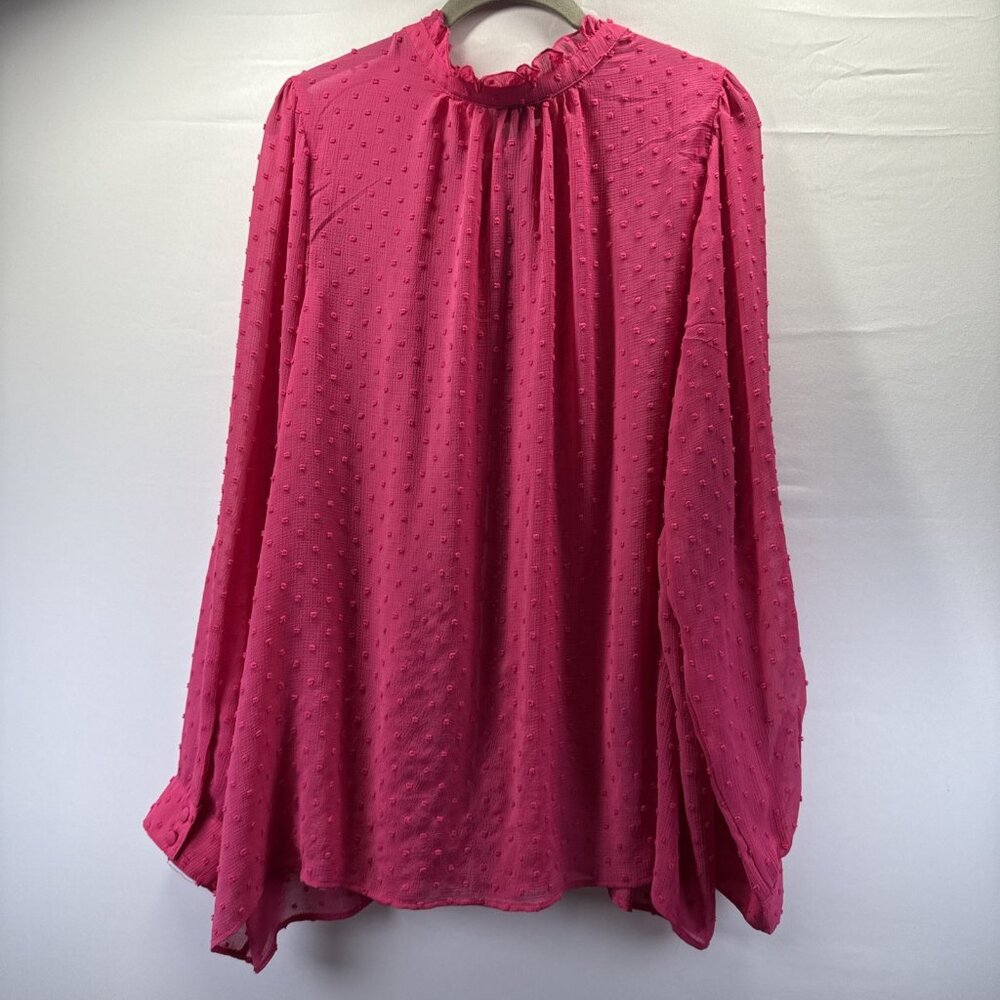 Torrid Women's Swiss Dot Top 2X Solid Pink Semi Sheer Long Sleeve Button Up Tie - Picture 3 of 10